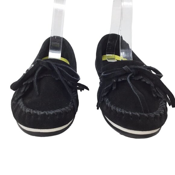 Minnetonka Moccasins Black Kilty Fringe Suede Hardsole Size 5.5 Driving Moc 4300 - Picture 4 of 9